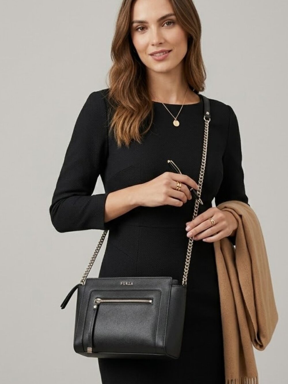 Furla Ginevra chain shoulder black leather luxury crossbody bag Romania